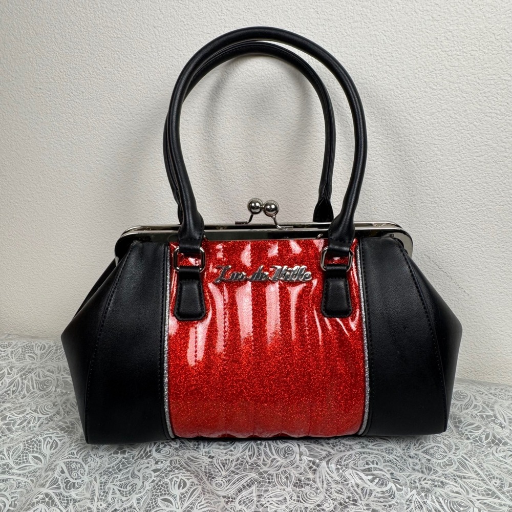 Lux de Ville Red Glitter Sparkle Black Kiss Lock Handbag Retro Rockabilly Vegas